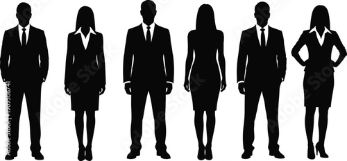 Silhouette of diverse professional business people team standing in formal office suits and blazers isolated on white background vector illustration