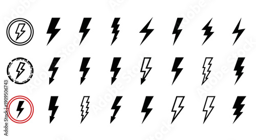 Collection of diverse lightning bolt icons in various styles and orientations, showcasing different design elements and creative interpretations.