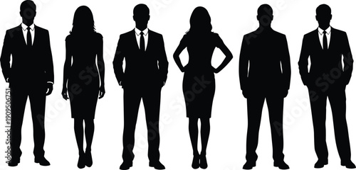 Vector illustration of professional business people silhouettes in formal suits, standing as a diverse corporate team for leadership and teamwork.