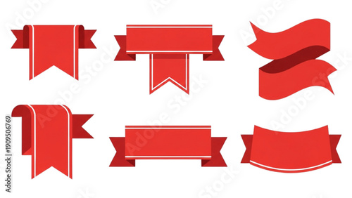 Collection of red banners and ribbons in various shapes and styles