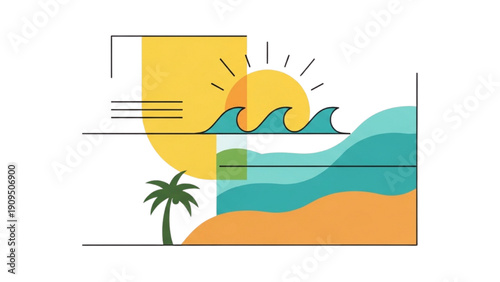 Serene Beach Scene with Palm Tree and Waves at Sunset