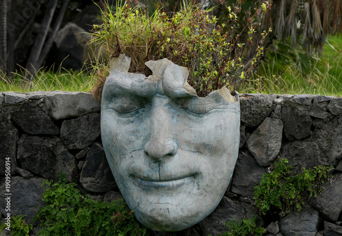 Cuadro en lienzo stone face sculpture with green grass growing out of the head like hair