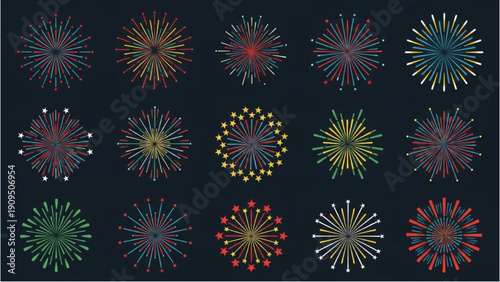 Vibrant fireworks explosion in dark night sky with colorful patterns and designs
