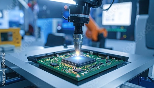 Automated robotic arm inspecting a microchip on a circuit board.