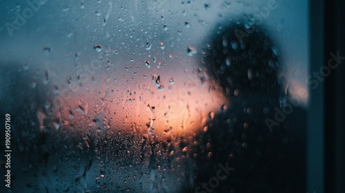 Melancholic silhouette against rain-streaked window captures emotional depth of solitude, blending soft sunset hues with moody atmospheric condensation and shadowy reflection