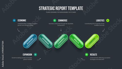 Advertising Insight 5 Step Infographic Slide Template. Consulting Innovation Presentation Design Vector Illustration. Professional Briefing Five Option Diagram Slideshow Layout.