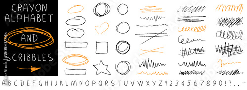 Hand drawn crayon, pencil and marker scribbles with rough texture and playful shapes. Includes arrows, swirls, circles and underline strokes for creative backgrounds.