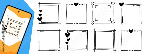 Sketch style QR, scan me and code frames for mobile app design. Decorative dashed borders, rounded shapes and creative doodle elements for modern digital labels.