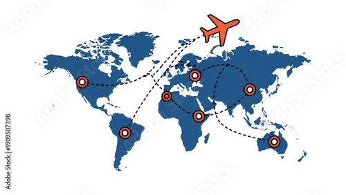 Airplane flying over world map with route marked on white background from aerial view