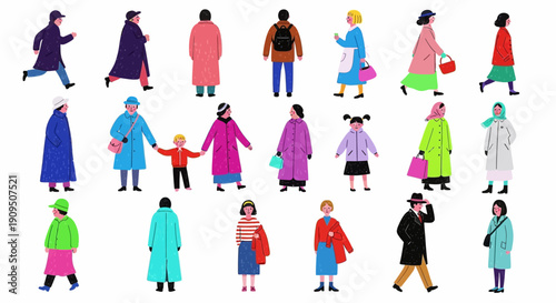 Diverse group of people walking in various directions, illustration of different cultures and lifestyles, vector graphics of individuals in motion