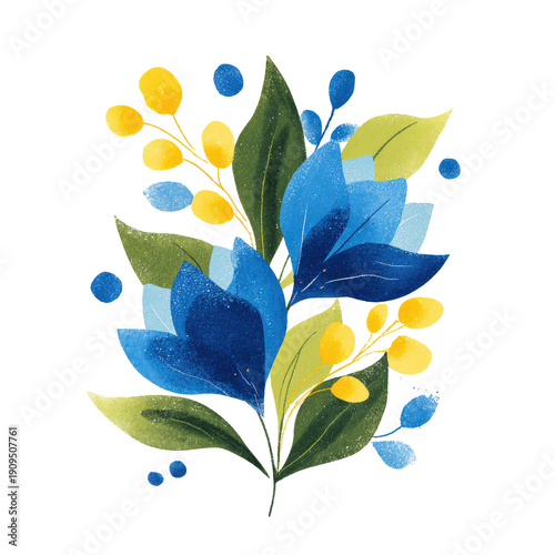 Watercolor floral arrangement with vibrant blue, yellow, and green foliage against a black backdrop