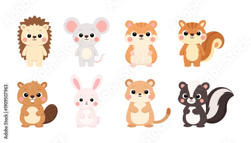 Cute animal cartoon set featuring hedgehog, mouse, hamster, squirrel, beaver, rabbit, gerbil, and skunks in adorable kawaii flat style. Vector Illustration