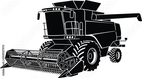 Modern agricultural combine harvester silhouette, heavy farming machinery harvesting crops, detailed black vector illustration isolated on white background
