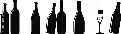 Minimalist, black, wine, bottle, silhouettes, collection, with, champagne, glass, assorted, shapes, isolated, on, white, background, beverage, alcohol, vector, illustration, set