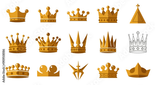 Collection of golden crowns and royal symbols arranged in a grid pattern on a plain background, viewed from directly above.