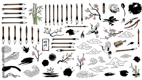 Assorted calligraphy brushes and ink illustrations on a clean background from a top view