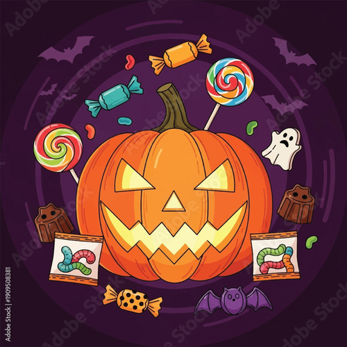 Halloween pumpkin with candy and sweets.
