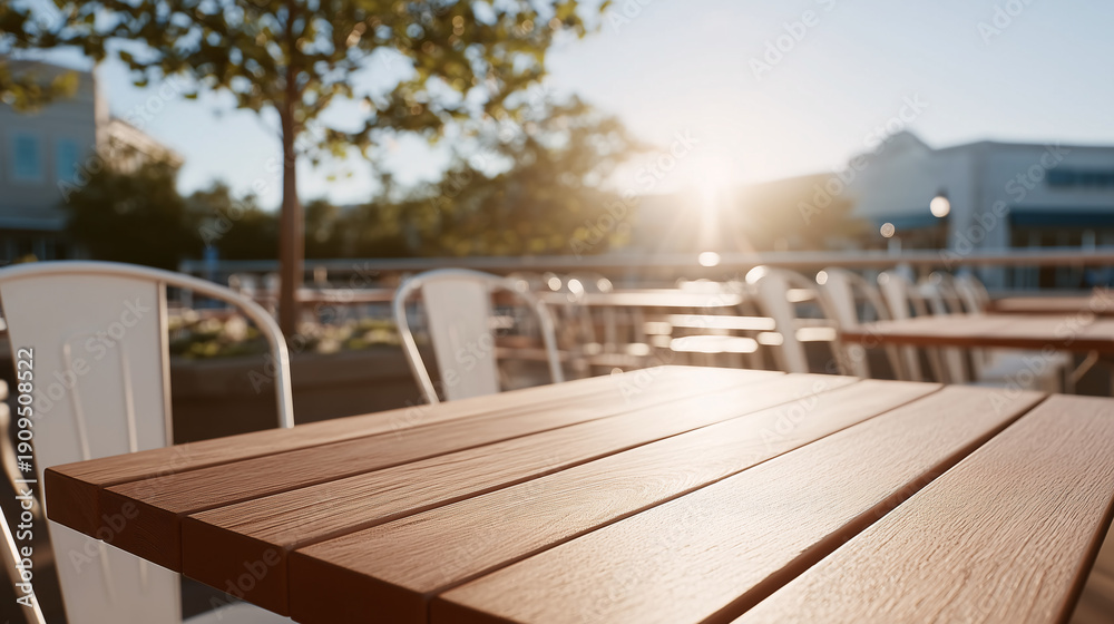 Fototapeta premium Outdoor wooden cafe table at sunset with soft light highlights. Summer terrace atmosphere and alfresco dining setting.