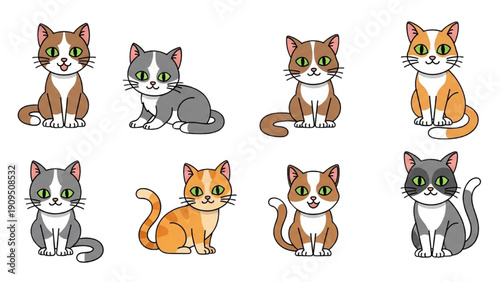 Set of cartoon cats sitting and lying down in various poses and colors