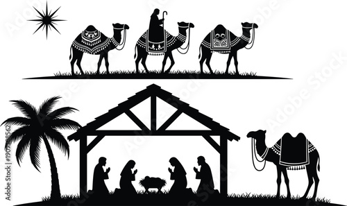 Nativity Scene Silhouette with Three Wise Men Camels and Holy Family Christmas Religious Vector Illustration Isolated on White