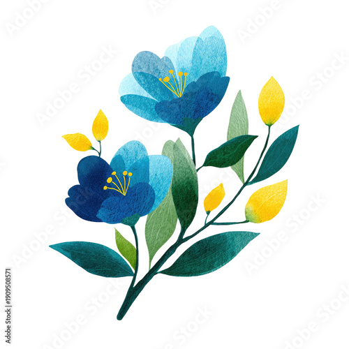 Watercolor illustration of blue and yellow flowers, leaves, and buds on a dark background