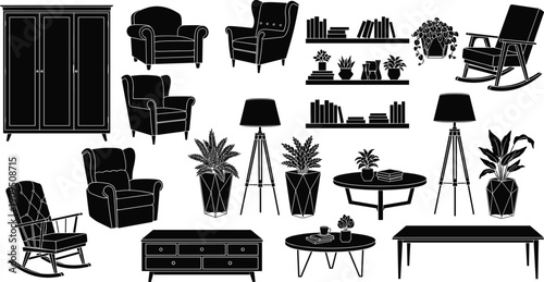 Modern Living Room Furniture Silhouette Collection Black and White Interior Design Elements Vector Set Isolated on White Background