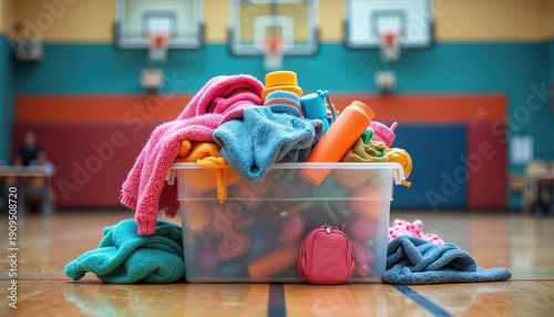 Wallpaper Mural Colorful lost and found bin overflows with forgotten items in school gym. Clothes, toys, bottles, and bags make a messy pile. Childrens personal belongings are mixed together. Torontodigital.ca