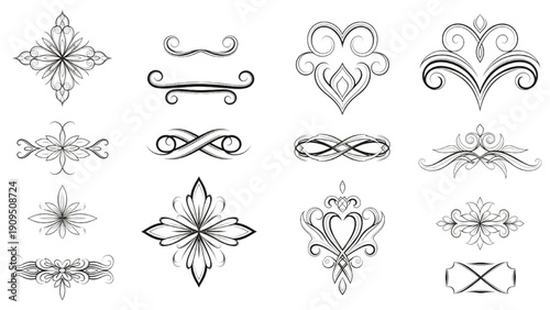 Collection of ornate decorative elements and flourishes in various styles and designs