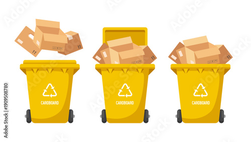 Recycling bins for cardboard. Yellow trash can. Vector illustration