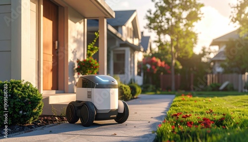 Autonomous Delivery Robot on Sidewalk Delivering Packages to Homes.
