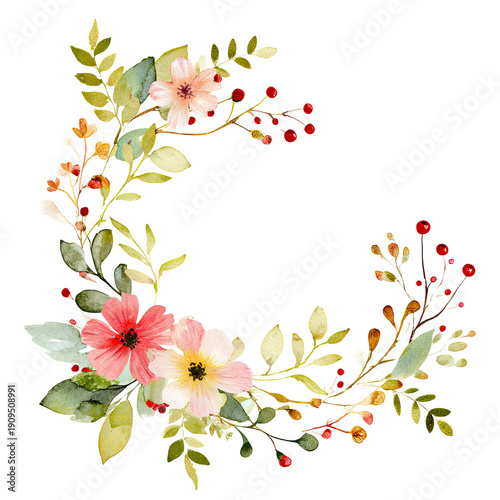 Watercolor floral arrangement with flowers, berries, and leaves in a semicircular design on black