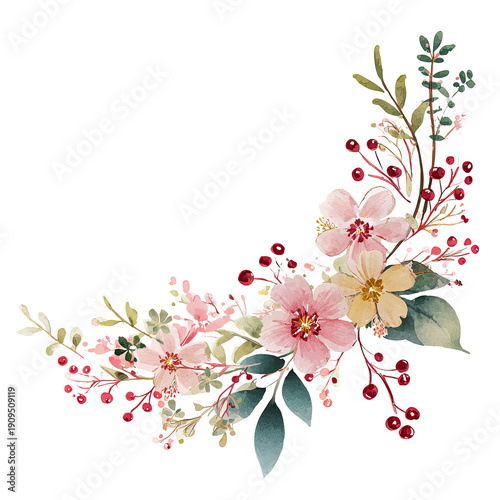 Watercolor corner floral design with pink, yellow, and red flowers with green foliage on black
