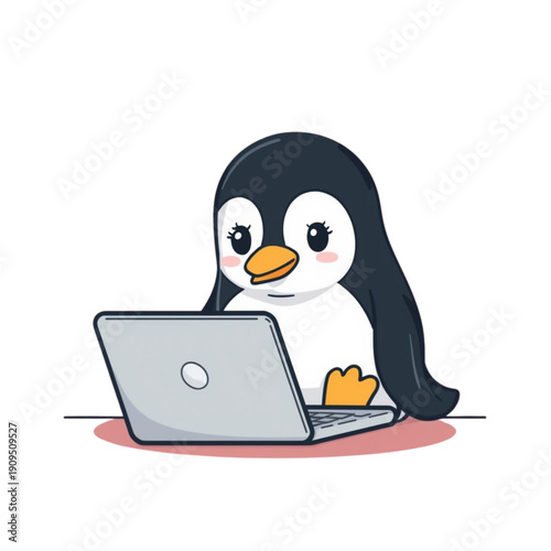 Bild auf Leinwand Cute Penguin Character Working on Laptop Flat Vector Illustration