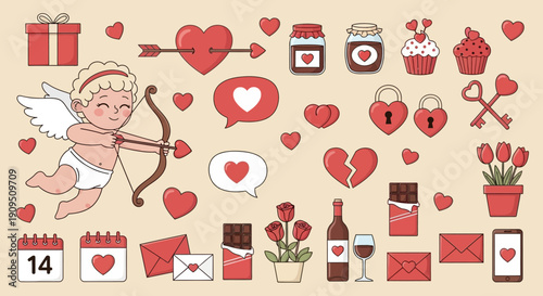 Valentine's Day illustration featuring cupid, hearts, and romantic symbols in a festive digital artwork