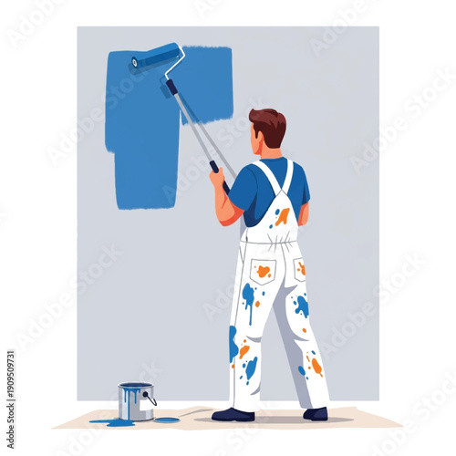 Man painting a wall with roller.