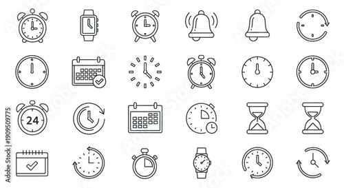 Collection of monochrome clock and time icons in various styles on a clean background