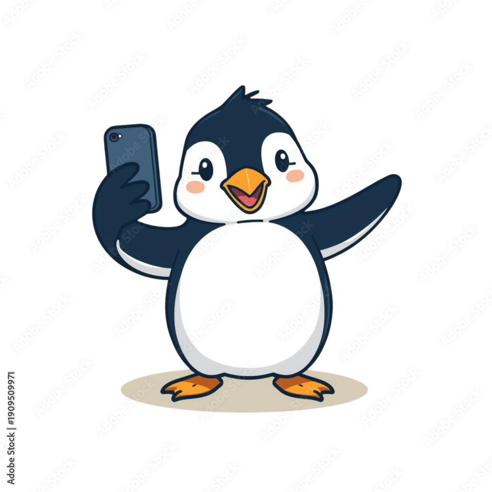 Obraz premium Cute Penguin Character Taking Selfie Flat Vector Illustration
