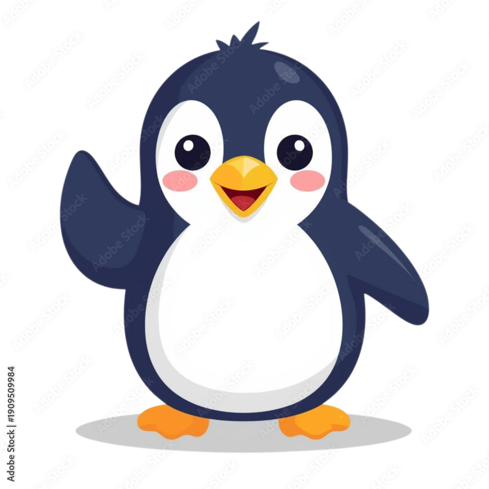 Obraz premium Cute Penguin Character Waving Hand Flat Vector Illustration