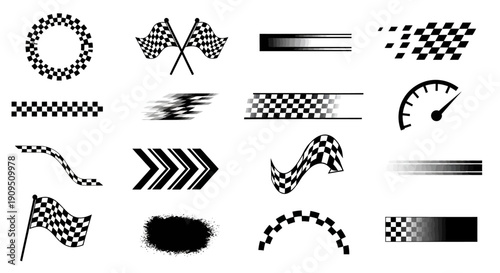 Racing elements illustration with flags, arrows, and speedometer on a white background, viewed from a straightforward perspective