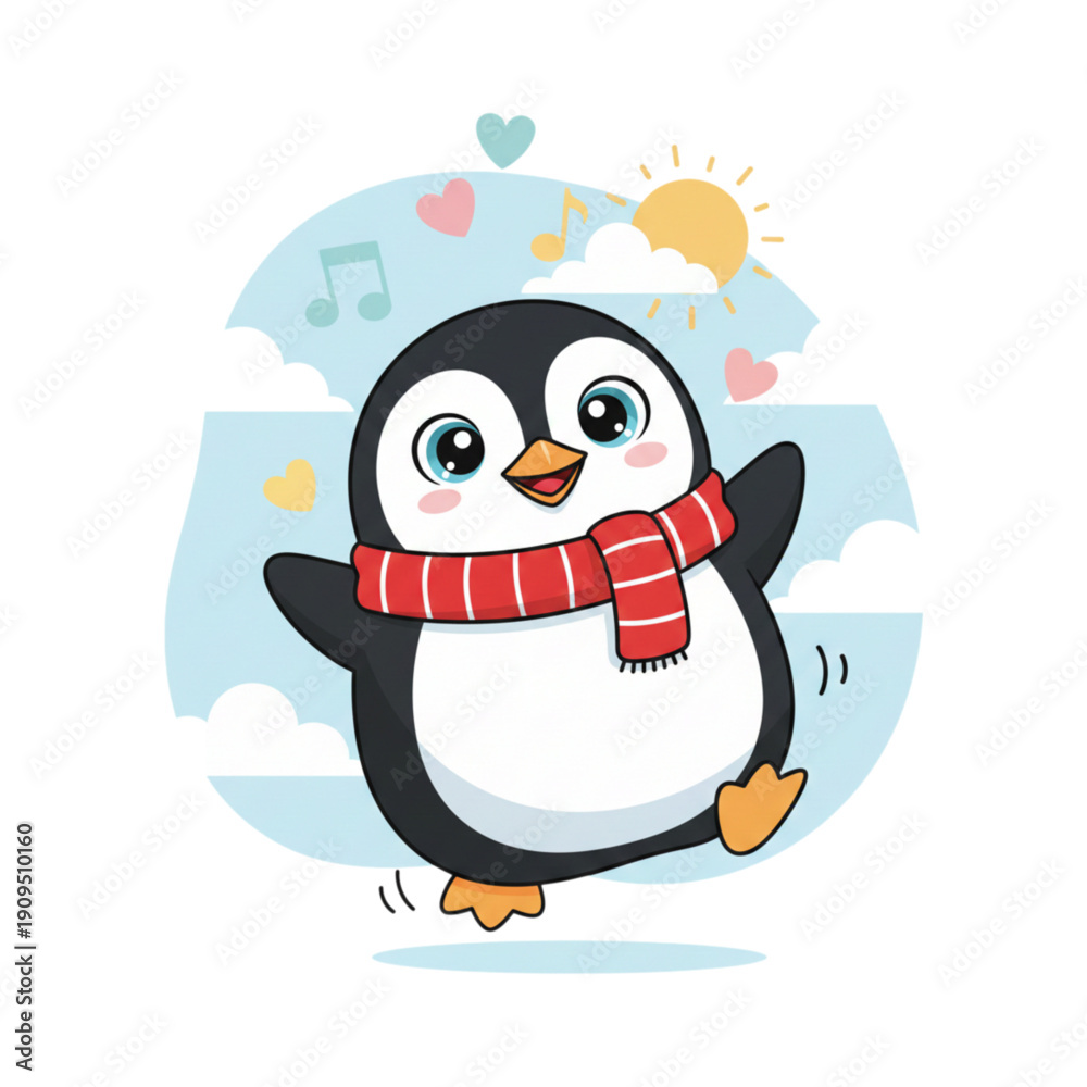 Obraz premium Cute Penguin Character Waving Hand Flat Vector Illustration