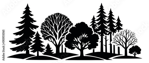 Graphic style tree set featuring various types of trees in silhouette for nature and landscape design