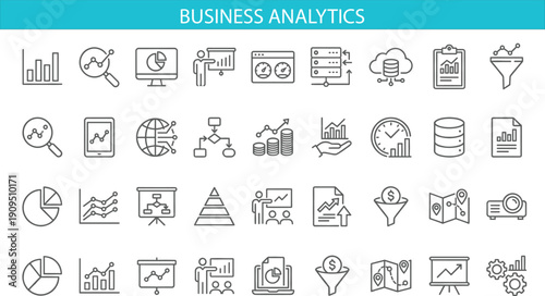 Business analytics and data visualization line icon set featuring charts statistics dashboard symbols modern outline vector illustration collection for analysis design