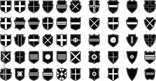 Heraldic Shield Silhouette Collection Medieval Coat of Arms Emblem Badge Black White Vector Icon Set