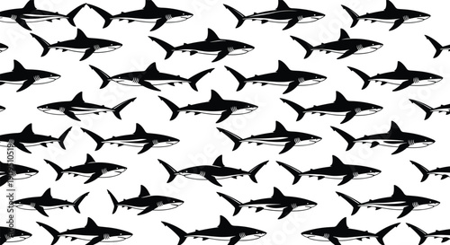 Shark Silhouette Collection Seamless Pattern Marine Predator Ocean Wildlife Black White Vector Illustration Set