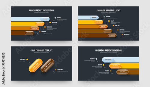 Professional Plan 4 5 2 3 Step Diagram Slideshow Design Set. Advertising Analysis Four Five Two Three Element Infographic Slide Template Vector Illustration Collection.
