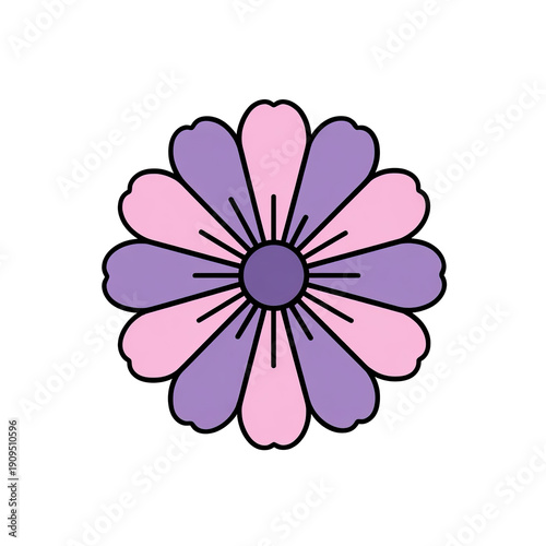 Simplified graphic of a colorful flower with overlapping petals, radiating lines, and a dark background