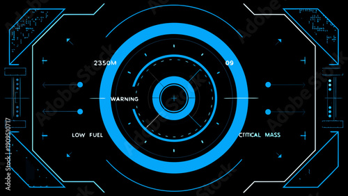 Futuristic targeting system display with concentric rings and warning indicators