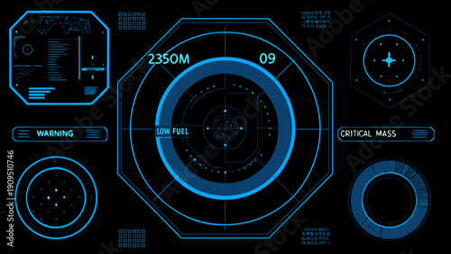 Futuristic interface display with targeting reticle and critical system warnings