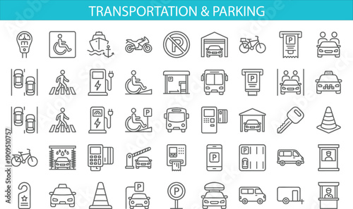 Transportation and parking line icon set featuring car taxi bus bicycle garage traffic symbols modern outline vector illustration collection