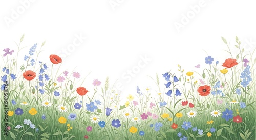 Beautiful wildflower meadow illustration with red poppies and bluebells on white background, spring wildflower meadow illustration for nature border, colorful wildflower meadow illustration.
